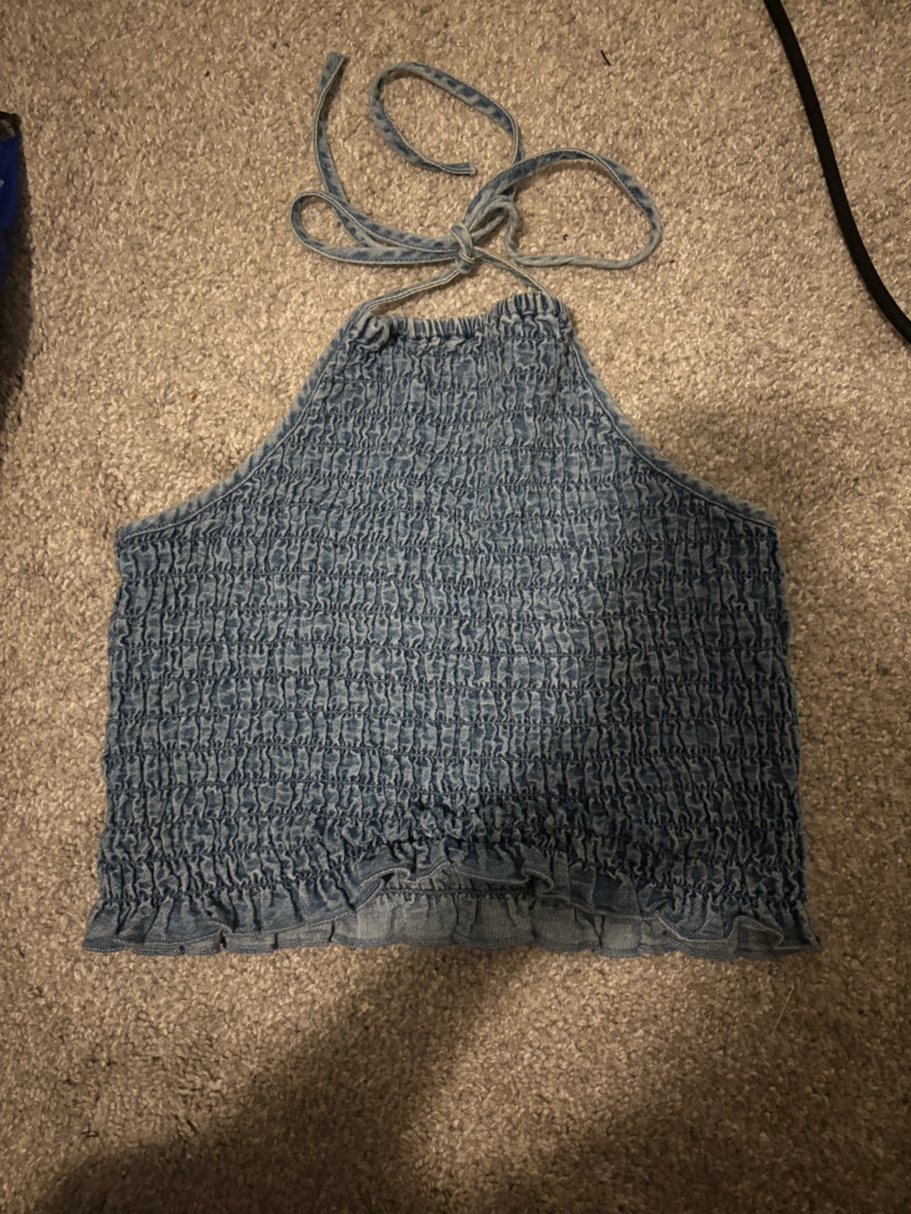 American Eagle Smocked Blue Denim-Look Halter Crop Top